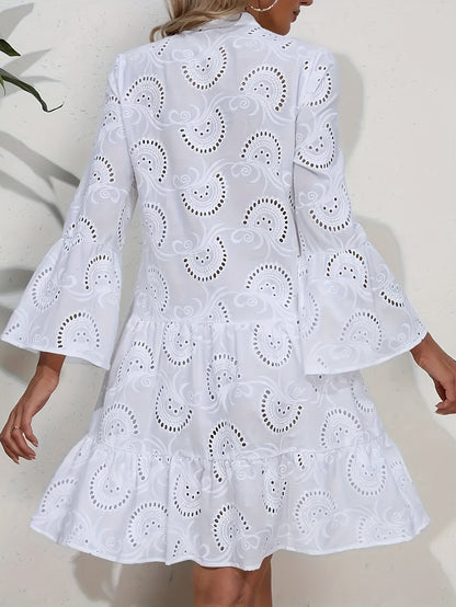 European And American Women's Spring And Summer Solid Color V-Neck Loose Hollow Sexy Dress Nian Nian
