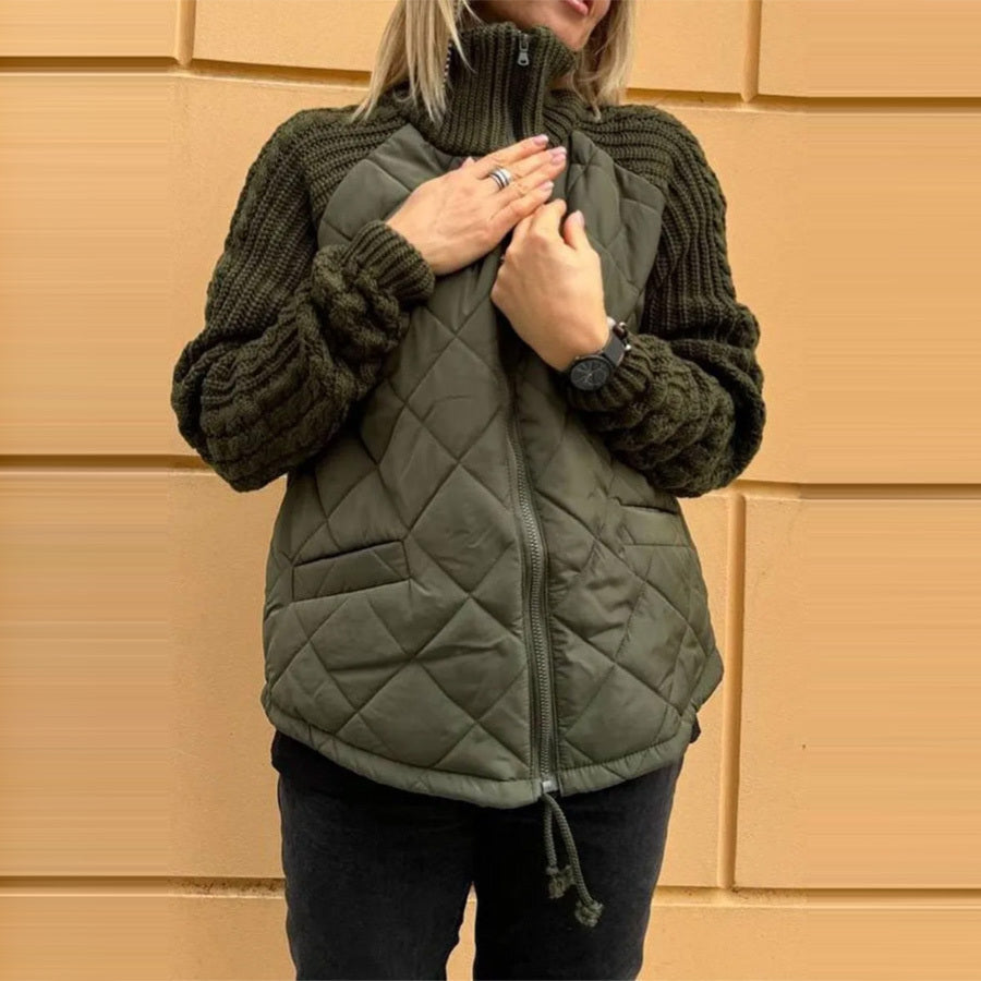 Women's Stand Collar Cotton Jacket - Zip Up Winter Coat with Pockets