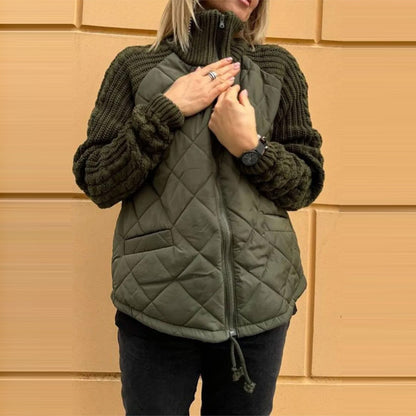 Women's Stand Collar Cotton Jacket - Zip Up Winter Coat with Pockets