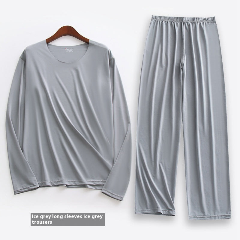 Spring Summer Ultra-thin Men's Long-sleeved Cropped Trousers Pajamas Suit