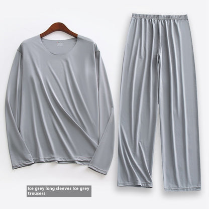 Spring Summer Ultra-thin Men's Long-sleeved Cropped Trousers Pajamas Suit