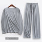 Spring Summer Ultra-thin Men's Long-sleeved Cropped Trousers Pajamas Suit