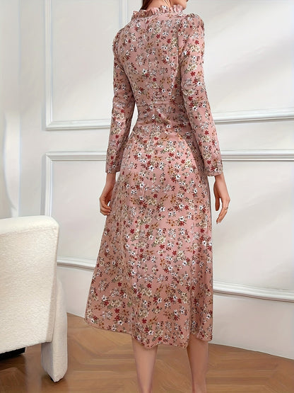 Vibrant Floral Print Square Neck Blouse - Elegant Ruffle Trim, Long Sleeve, Slim Fit, Comfy, Versatile, Spring & Fall Essential - Women's Stylish Clothing for Everyday Wear