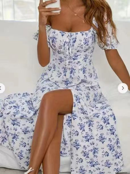 Floral Print Short Sleeve Split Dress