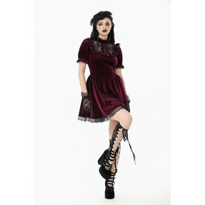 Robe Gothique en Velours Bordeaux à Col en Dentelle Ophelia Dark in Love