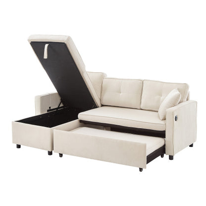 L-Shaped Pull Out Sleep Sofabed, Modern Reversible Sleeper Sectional Sofa, 3 In 1 Convertible Sofa Bed With Storage Chaise, Drop-Down Table, Cup Holders And Charging Ports