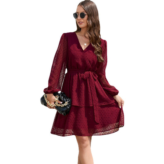 Chiffon V-neck Lantern Sleeves Long Sleeve Belt Dress