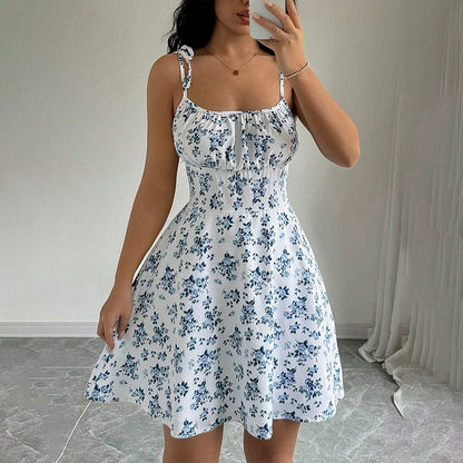 Women's Floral Print A-Line Mini Dress | Backless Mid Waist Summer Dress