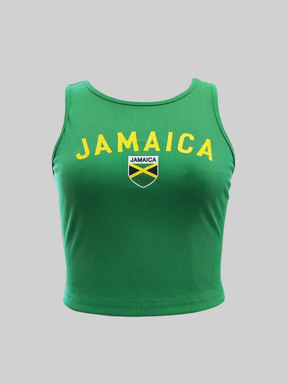 YWomen's Y2K Jamaica Graphic Print Crop Tank Top Black Sleeveless Stretchy Polyester Blend Casual Top