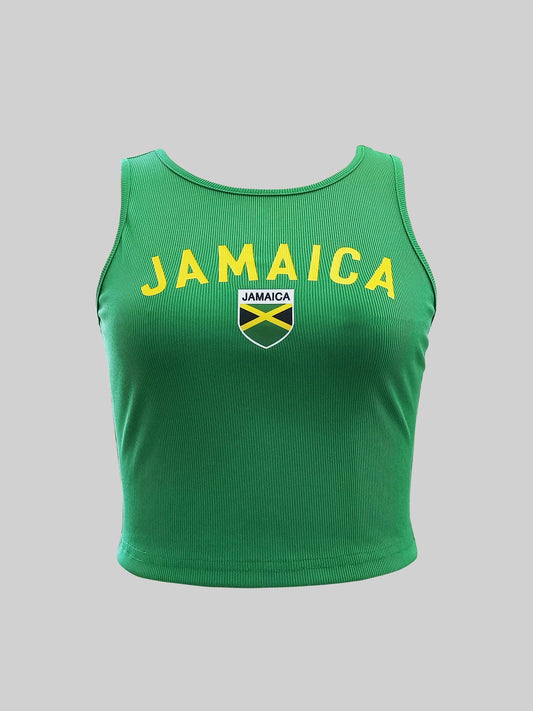 YWomen's Y2K Jamaica Graphic Print Crop Tank Top Black Sleeveless Stretchy Polyester Blend Casual Top