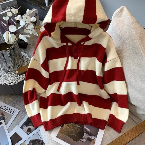 Pull à capuche rayé femme ample printemps automne