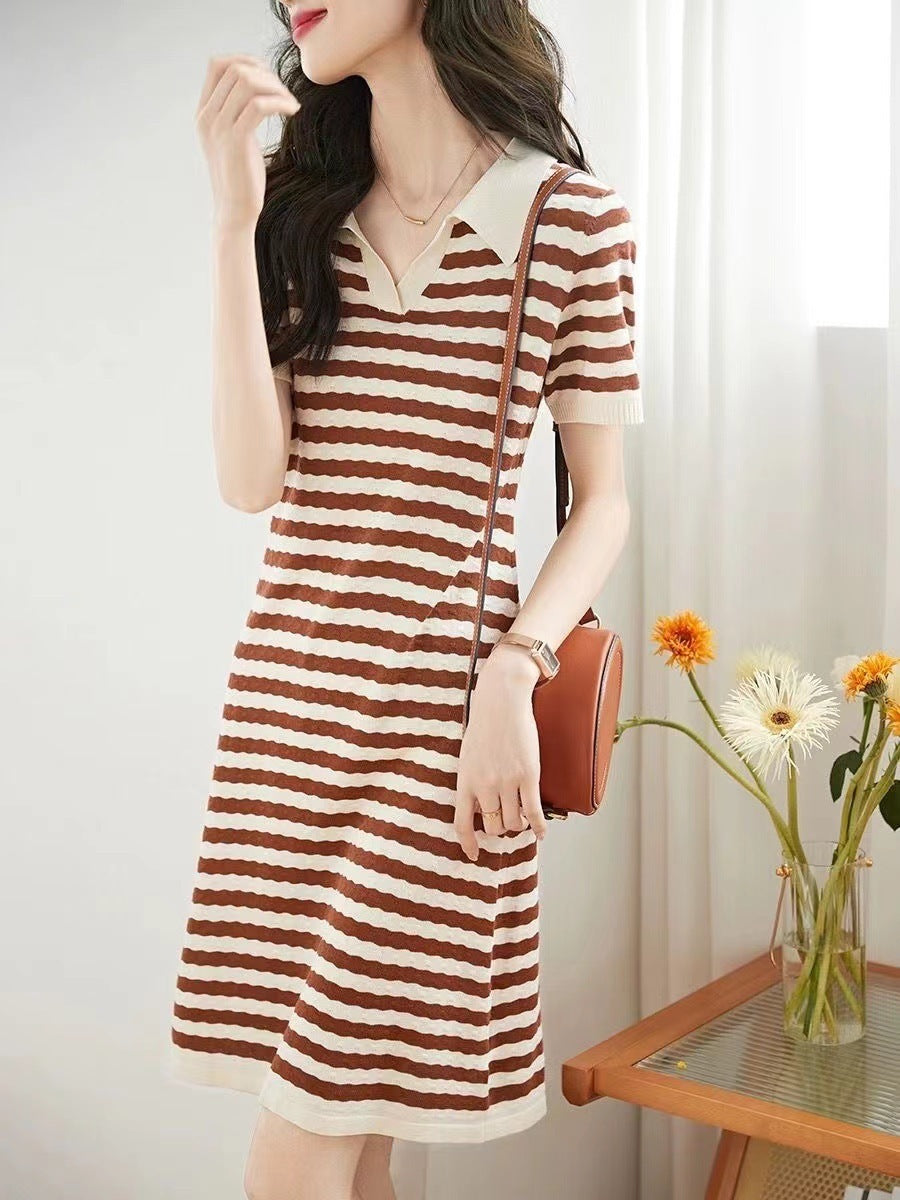 Color Contrast Striped Lapel Knitted Dress