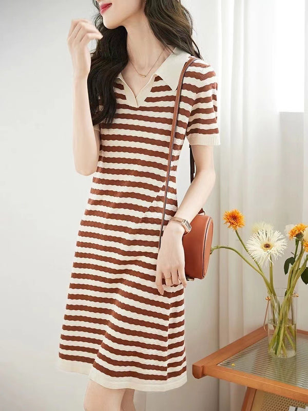 Color Contrast Striped Lapel Knitted Dress