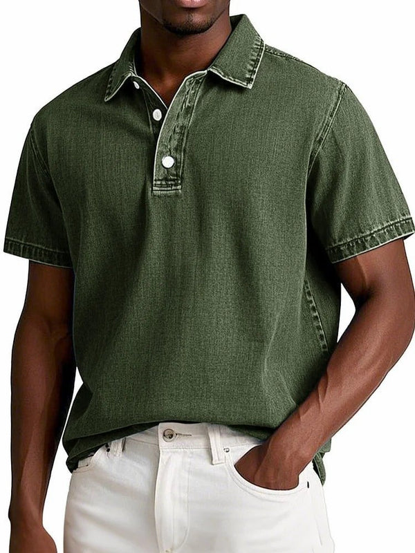 Men's Solid Colour Vintage Lapel Polo Shirt - Short Sleeve