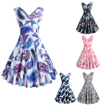 Retro Printed Maxi Sleeveless Dress Women