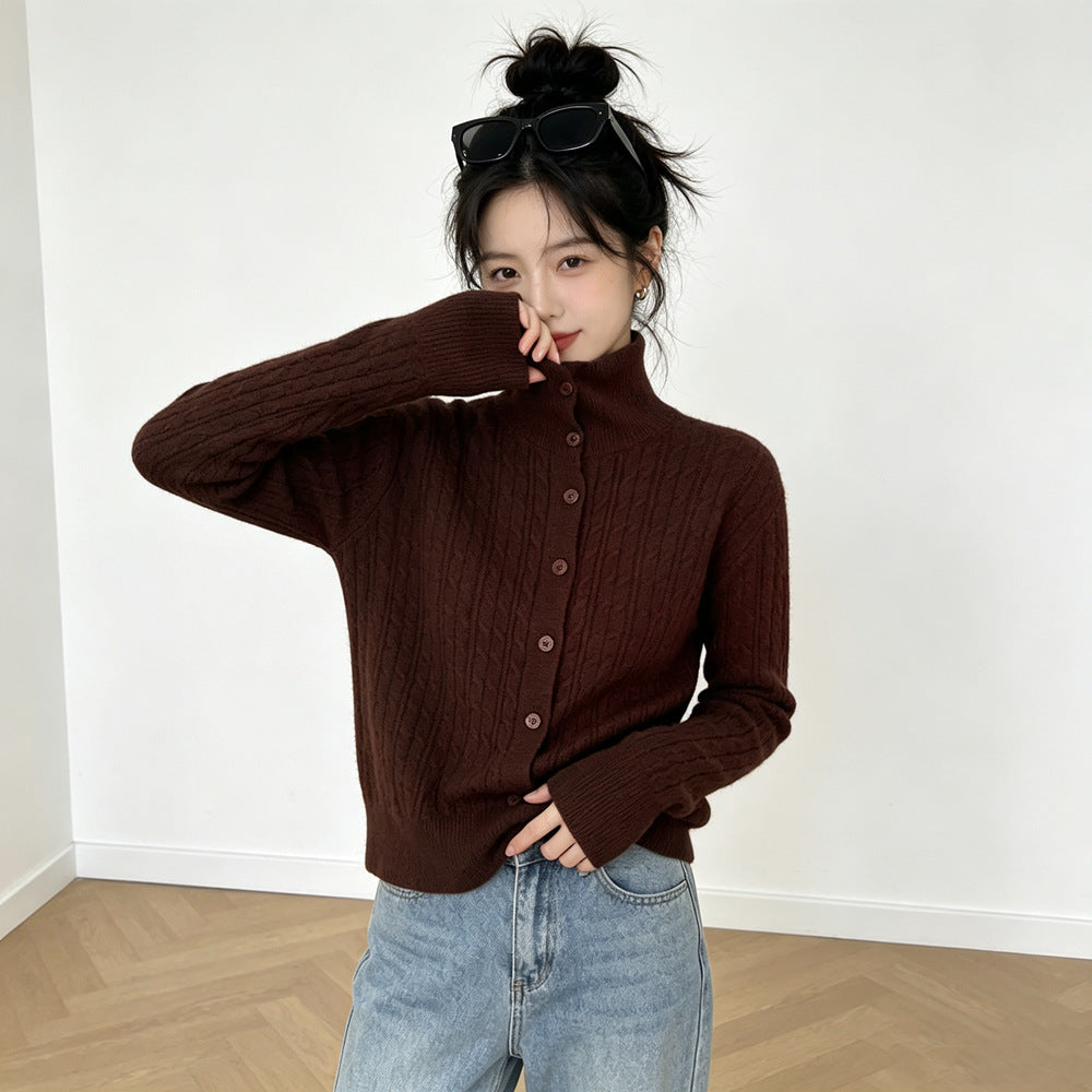 Single breasted high neck long sleeved sweater