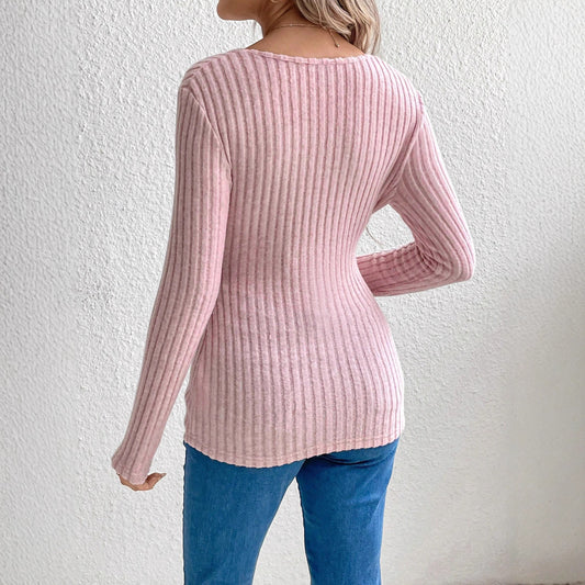 Women's V-Neck Knit Top with Long Sleeves and Waist Tie
