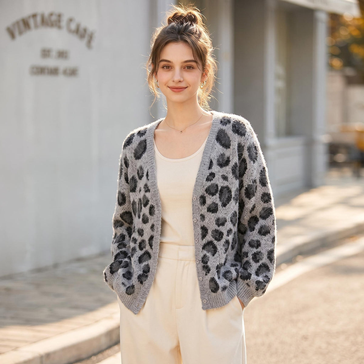Leopard print V-neck sweater