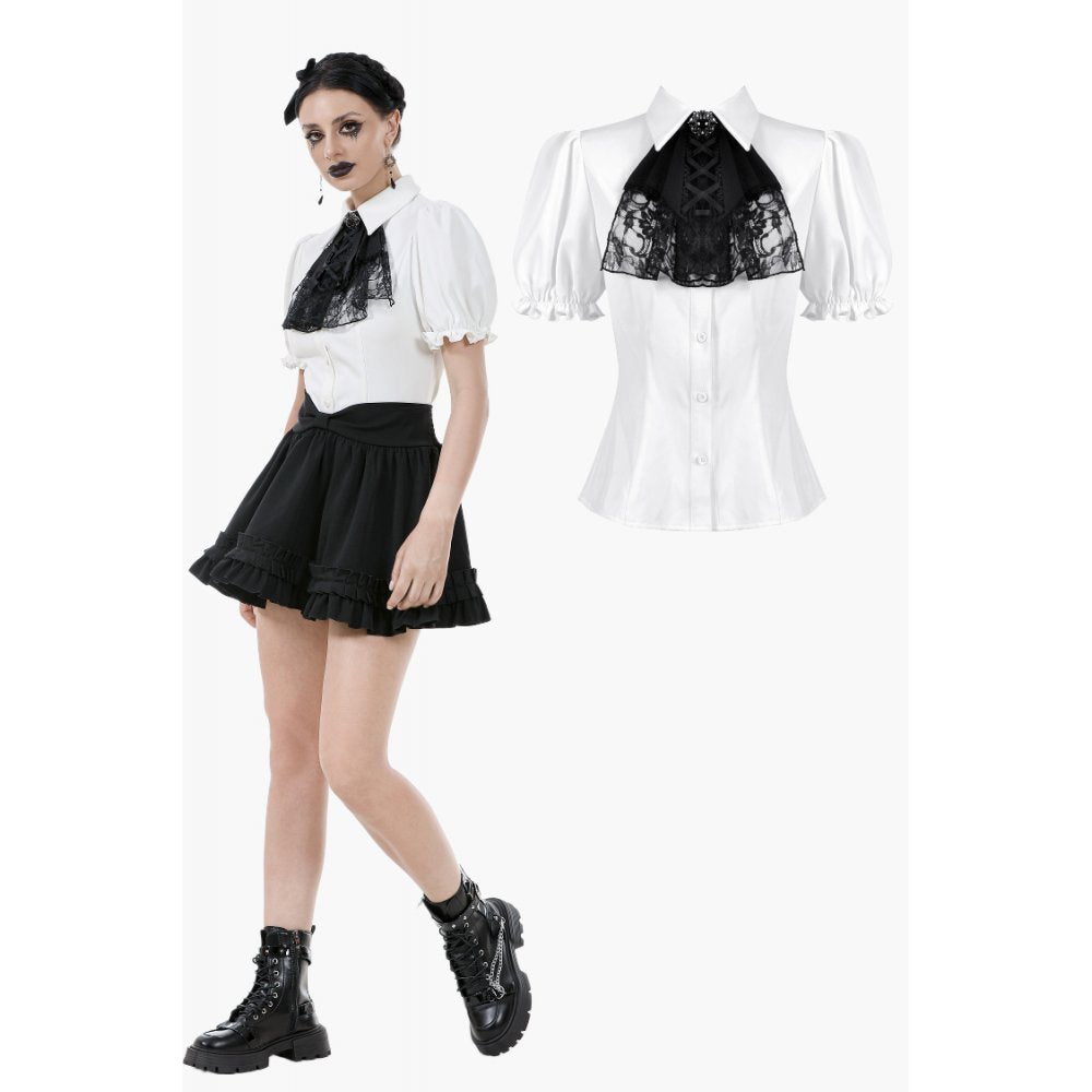 Dark in Love Elysia Ruffle Bib Puff Sleeve Goth Blouse in White