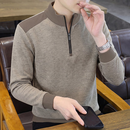 Men's Casual Striped Long Sleeve Mock Neck Half Zip Pullover T-Shirt
