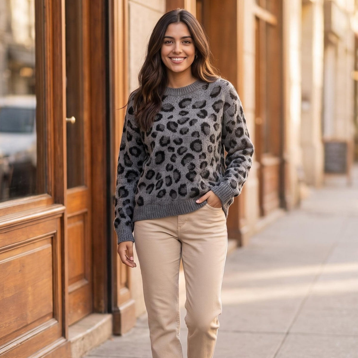Leopard print round neck long sleeved sweater