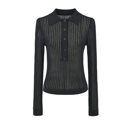 Women's Ribbed Polo-Collar Knit Top