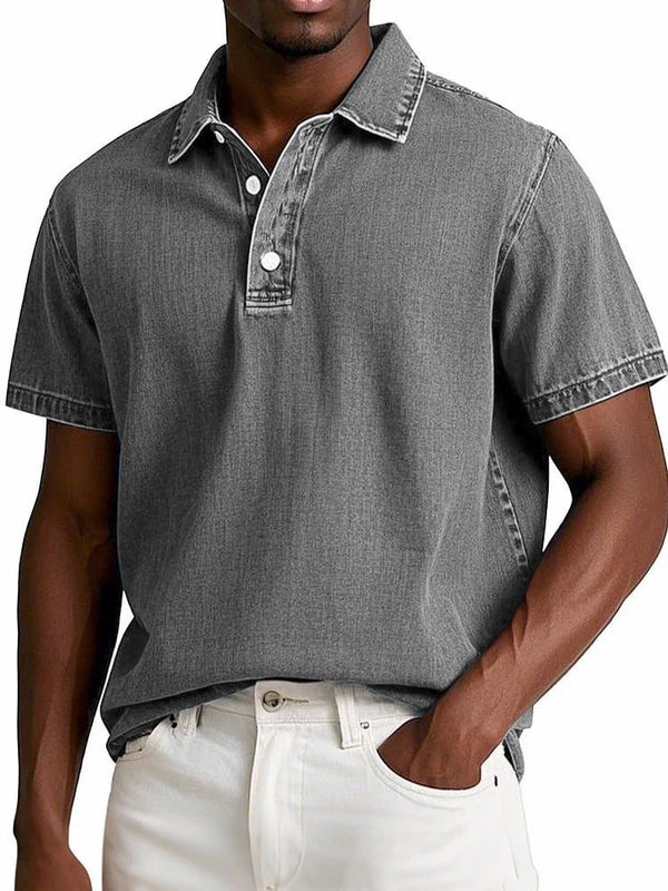 Men's Solid Colour Vintage Lapel Polo Shirt - Short Sleeve
