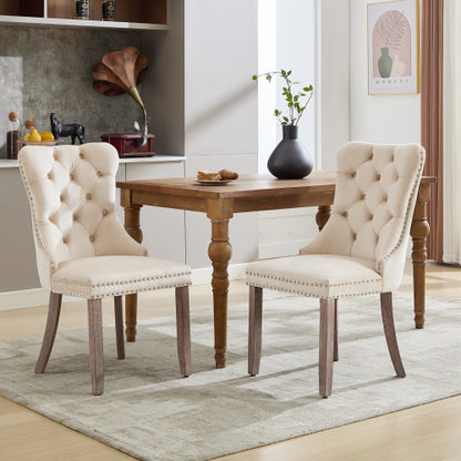 Modern Set Of 6 Upholstered Velvet Dining Chairs, Button Tufted Kitchen Lounge Chairs With Brushed Wood Legs, Riveted Trim And Knocker Ring, For Dining Room Living Room