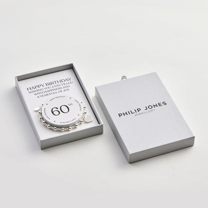60th Birthday Heart Charm Stretch Bracelet with Quote Gift Box