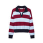Versatile casual minimalist polo collar long sleeved striped knit sweater for women