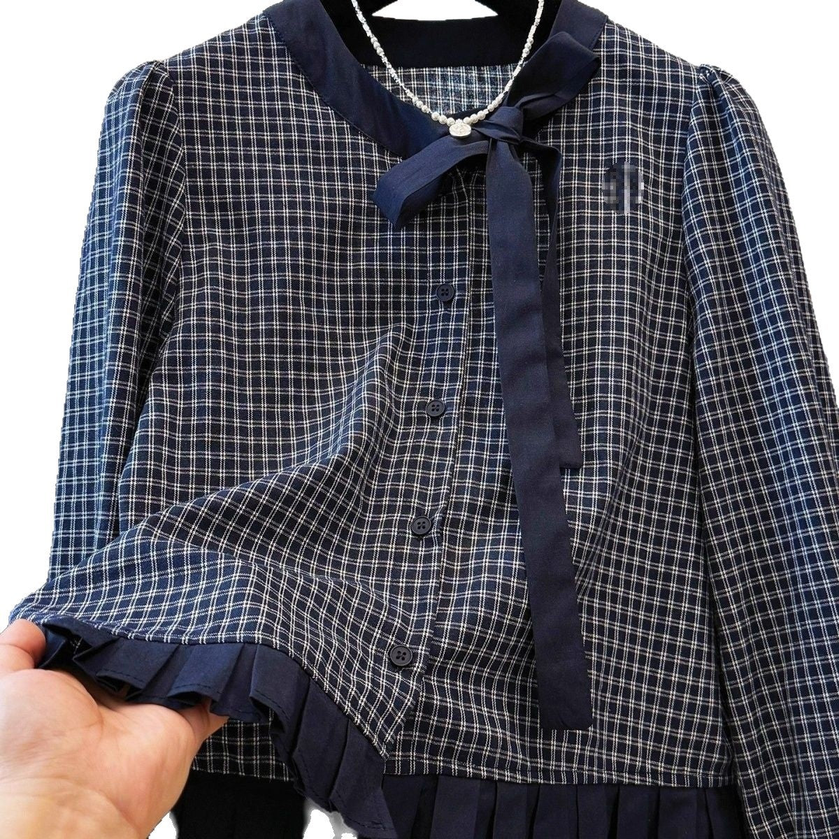 Loose Slimming Plaid Bow-Tied Ruffle-Trimmed Shirt