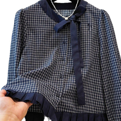 Loose Slimming Plaid Bow-Tied Ruffle-Trimmed Shirt