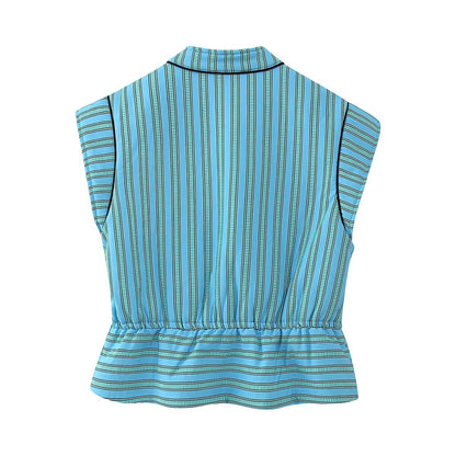 Single row buckle trimmed striped cotton vest for women