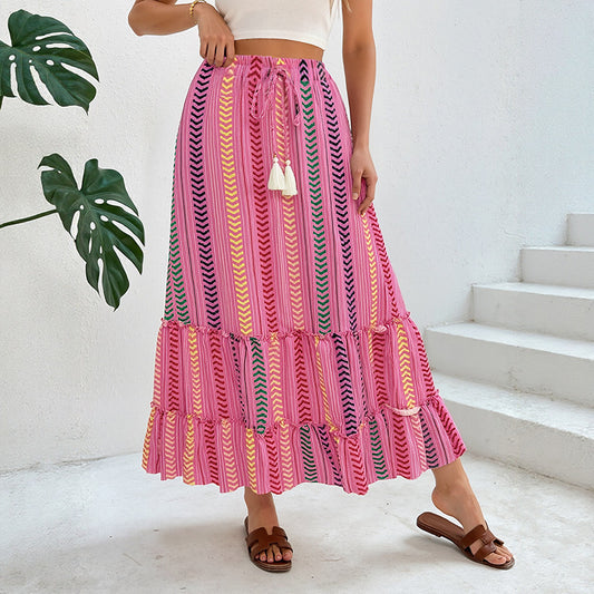 Ethnic Striped Tassel Maxi Skirt