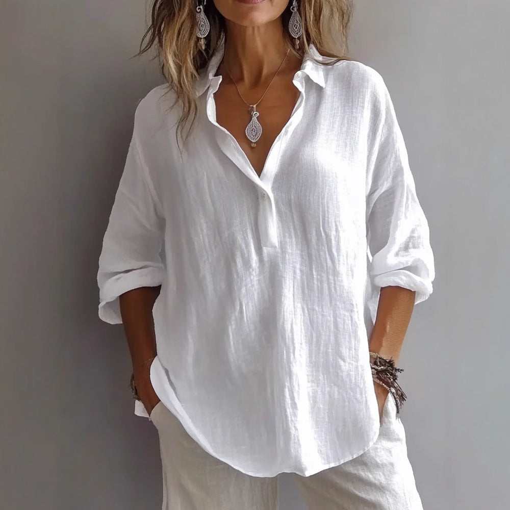 Womens Long-sleeved Lapel Pullover Shirt