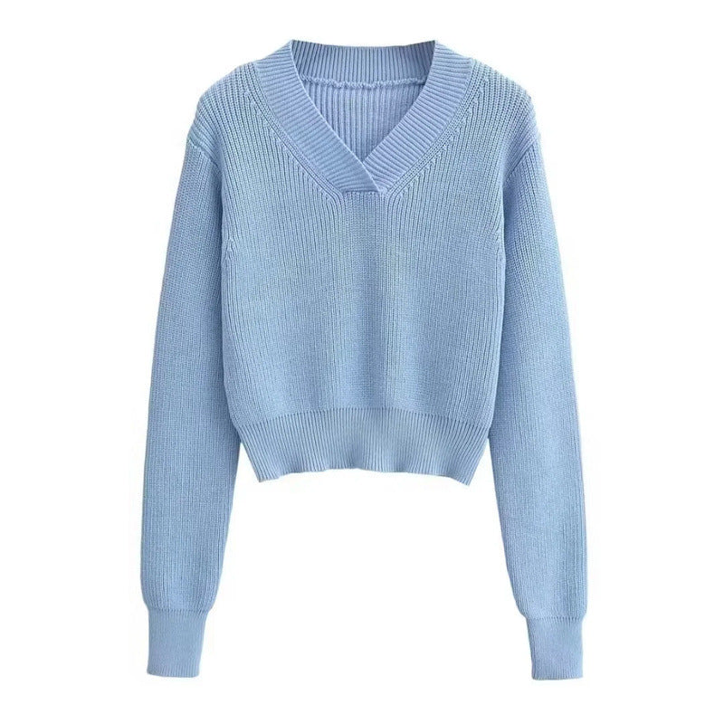 V-neck Thick Pullover Cropped Sweater