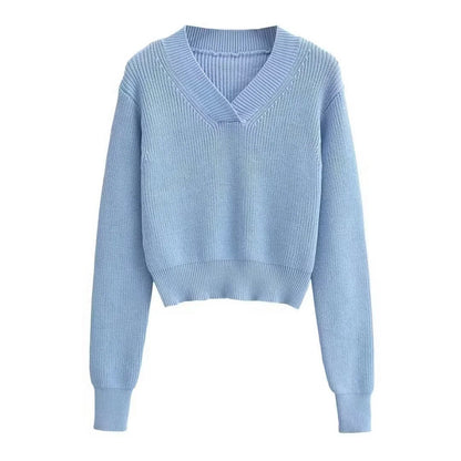 V-neck Thick Pullover Cropped Sweater