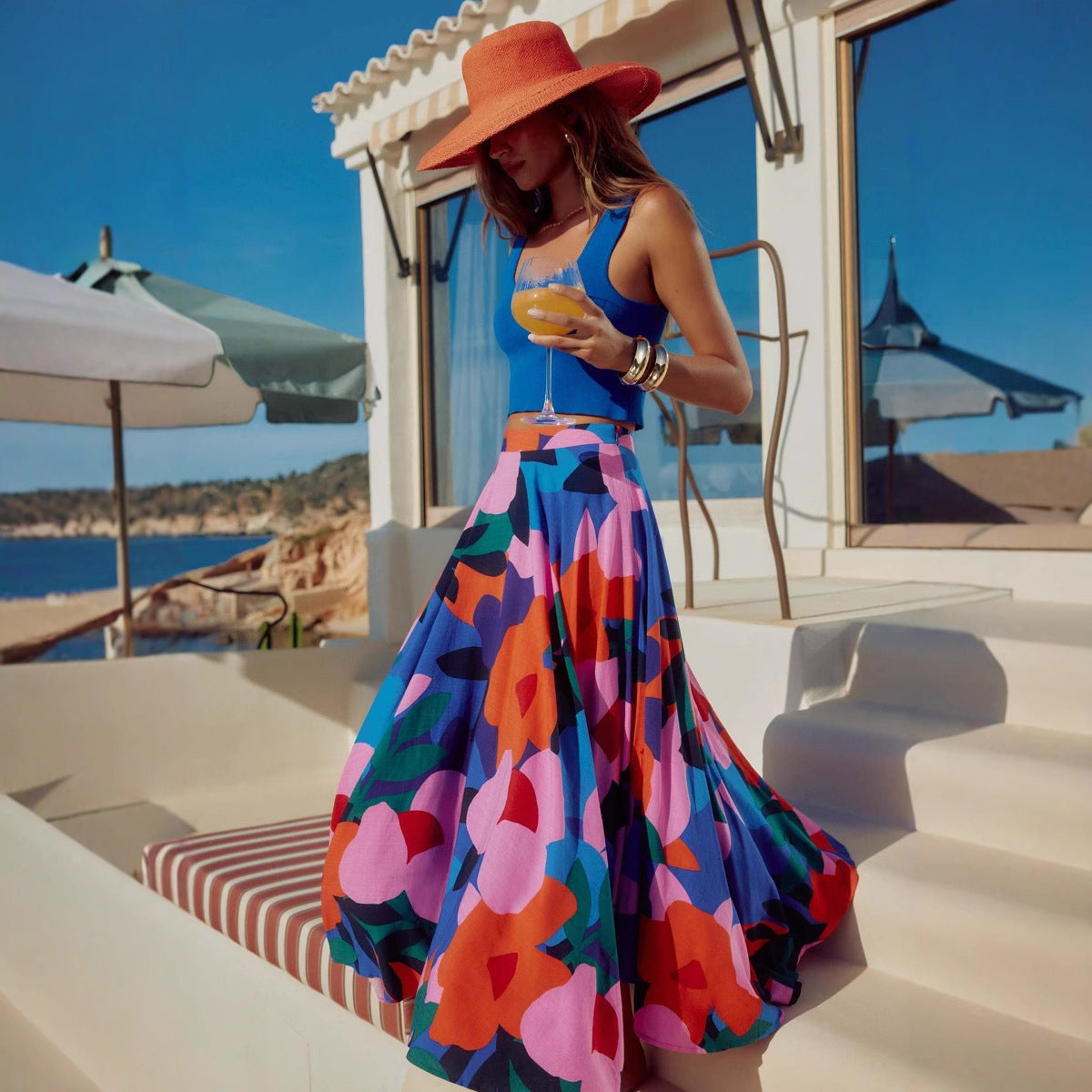 Womens Printing Bohemian Midi Skirt