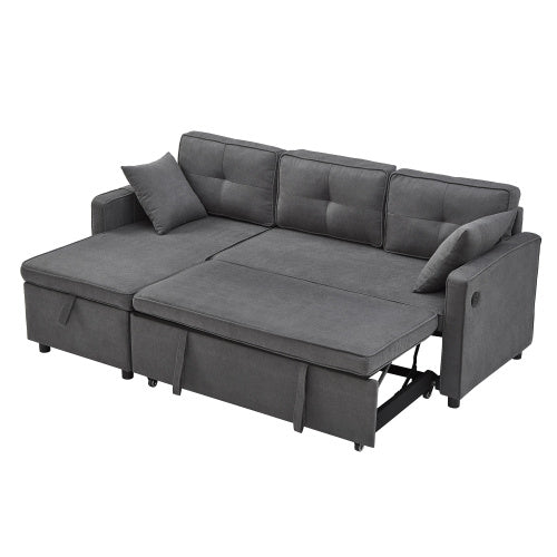 L-Shaped Pull Out Sleep Sofabed, Modern Reversible Sleeper Sectional Sofa, 3 In 1 Convertible Sofa Bed With Storage Chaise, Drop-Down Table, Cup Holders And Charging Ports, Grey