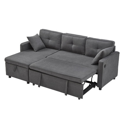 L-Shaped Pull Out Sleep Sofabed, Modern Reversible Sleeper Sectional Sofa, 3 In 1 Convertible Sofa Bed With Storage Chaise, Drop-Down Table, Cup Holders And Charging Ports, Grey