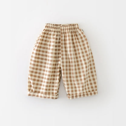 Boys Cotton Loose-fit Plaid Wide-leg Pants