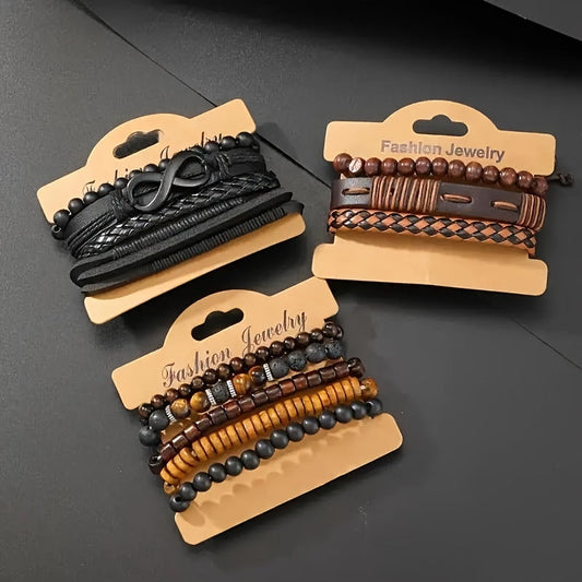 Lot de 12 bracelets vintage en similicuir tressé avec perles œil de tigre et pierre de lune