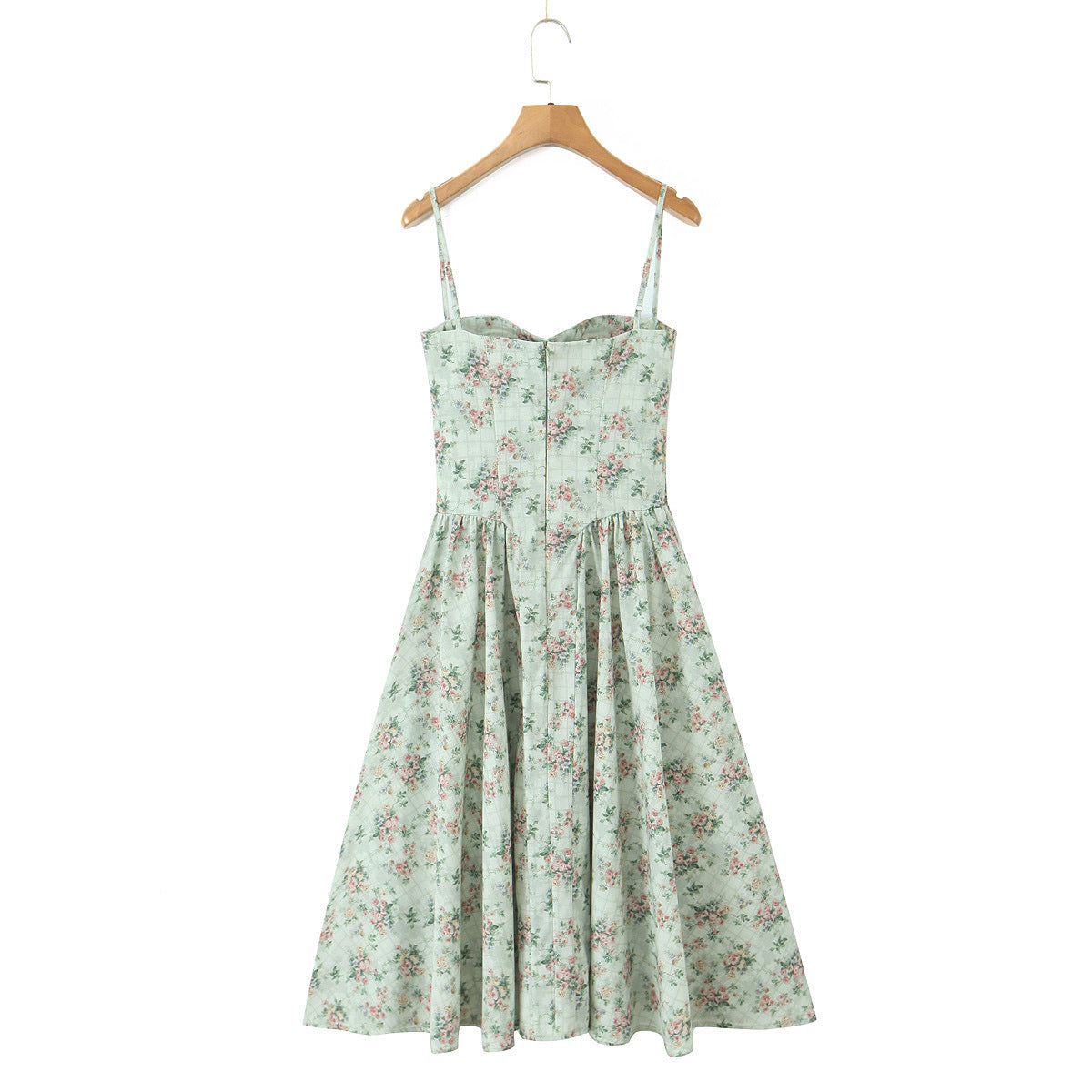 Green Floral Print Pleated Strapless Dress