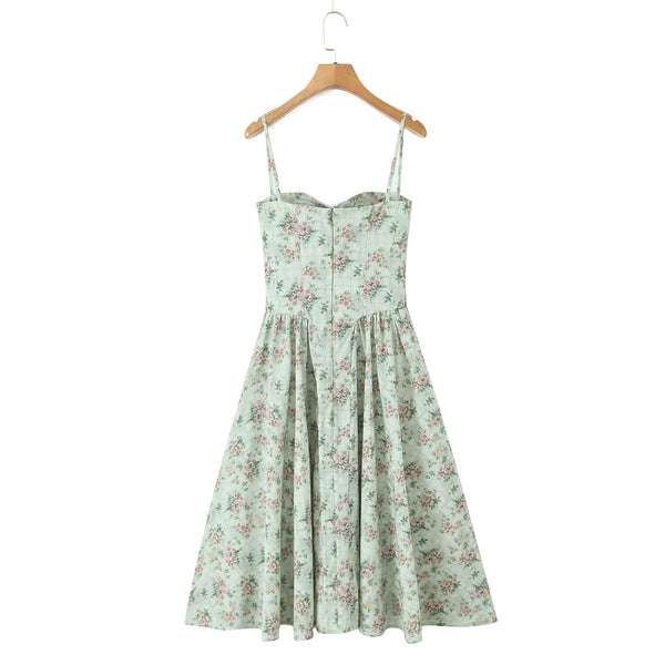 Green Floral Print Pleated Strapless Dress