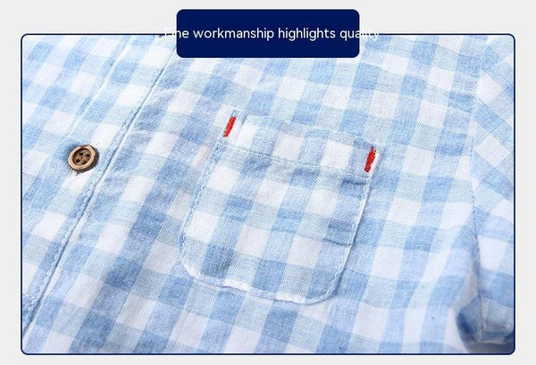 Children's Cotton Blue Short-sleeved Shirt Fashion Casual Short-sleeved Plaid Shirt - Stuffs & Savers