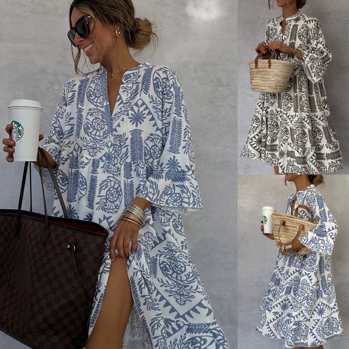 Women V-neck Flare Sleeve Ruffle Shirt Dress