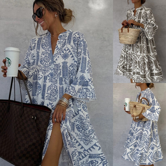 Women V-neck Flare Sleeve Ruffle Shirt Dress