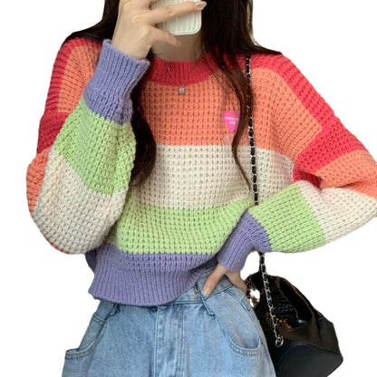 Loose Color Matching Knitwear Pullover Stripe Rainbow Sweater For Women