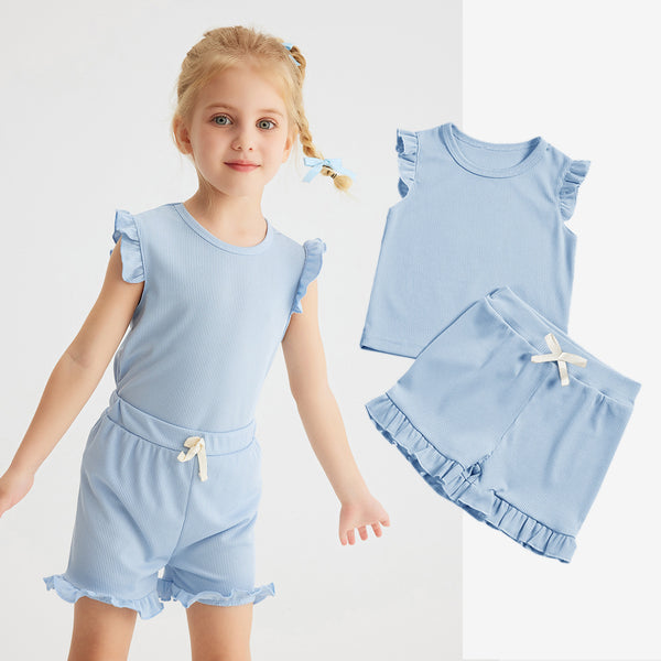 Girls' Solid-Colored Short-Sleeve Shorts Set