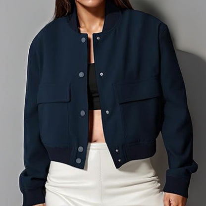 Veste de mode à col montant avec grandes poches décontractée ample courte vêtement d'extérieur haut manteau pour femmes